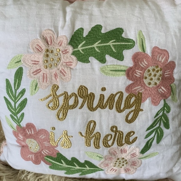 Spring is here embroidered velvet linen blnd decorative pillow accent pink white - Picture 2 of 7